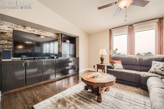440 Scrub Oak Cir, Monument, CO 80132 - living area featuring wood finished floors, ceiling fan, baseboards, and vaulted ceiling