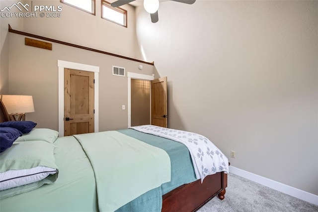 440 Scrub Oak Cir, Monument, CO 80132 - carpeted bedroom featuring a high ceiling, baseboards, and a ceiling fan
