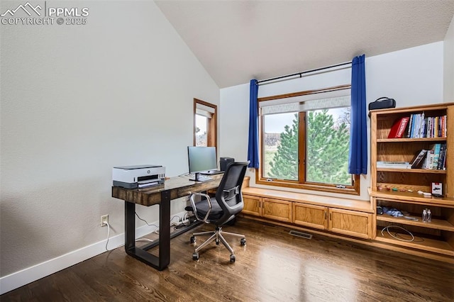 440 Scrub Oak Cir, Monument, CO 80132 - office space featuring lofted ceiling, dark wood-style flooring, and baseboards