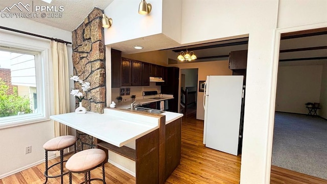 5125 Thistle Ct, Colorado Springs, CO 80917 - kitchen with freestanding refrigerator, under cabinet range hood, light countertops, a breakfast bar, and light wood-type flooring
