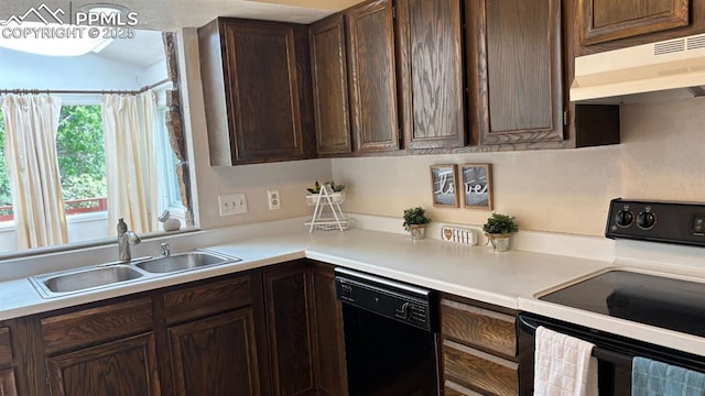 5125 Thistle Ct, Colorado Springs, CO 80917 - kitchen with electric range oven, dishwasher, a sink, under cabinet range hood, and dark brown cabinets