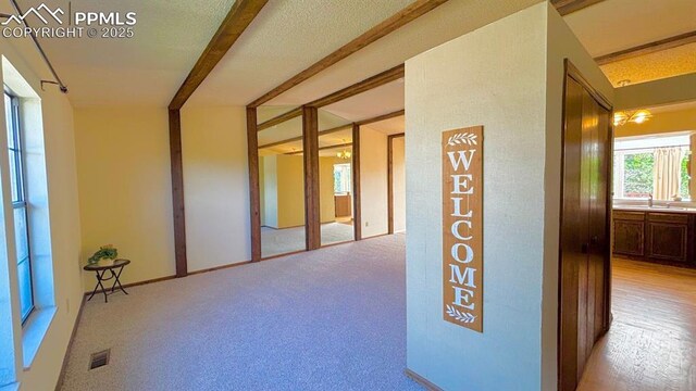 5125 Thistle Ct, Colorado Springs, CO 80917 - hallway featuring a sink, beam ceiling, and light colored carpet