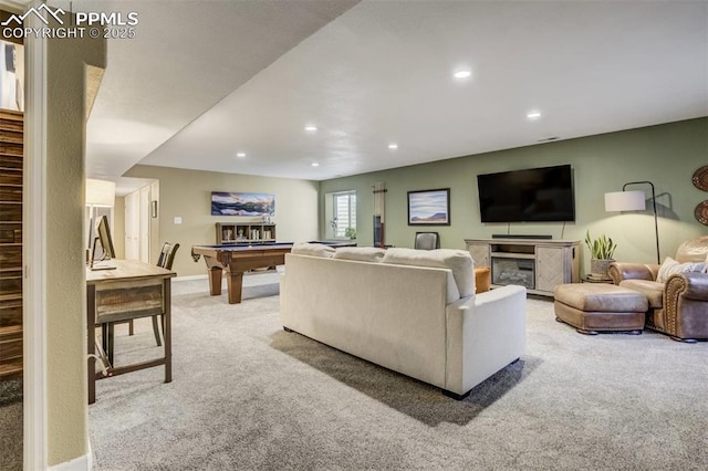 carpeted living area with baseboards, pool table, and recessed lighting