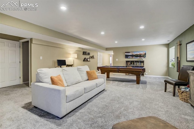 living room featuring recessed lighting, carpet flooring, baseboards, and billiards