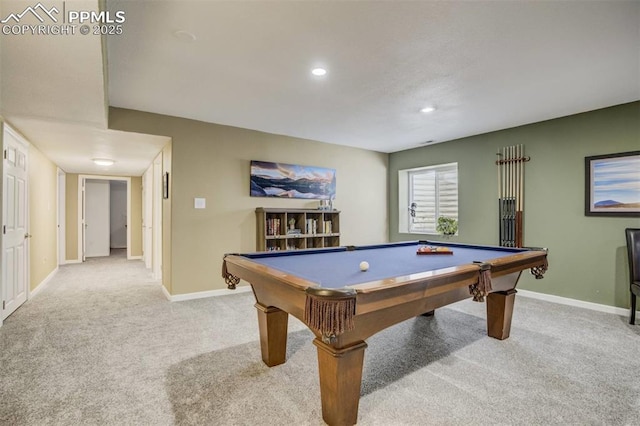 recreation room with recessed lighting, baseboards, pool table, and carpet