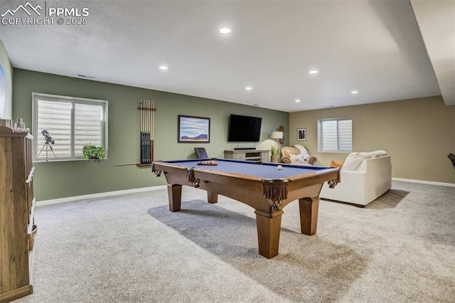 rec room featuring recessed lighting, carpet, pool table, and baseboards