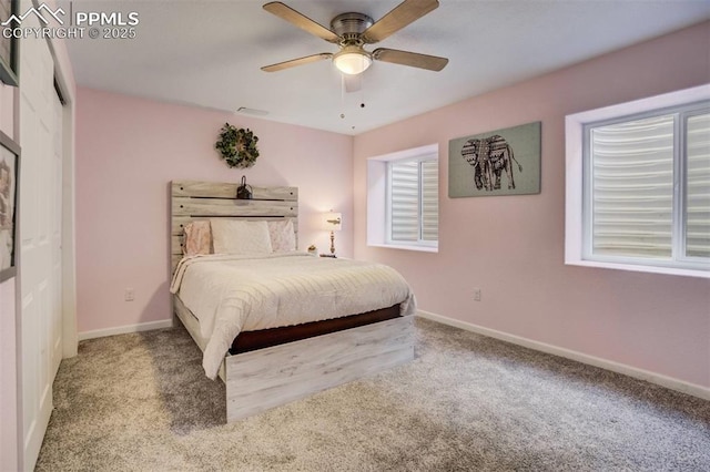 bedroom featuring carpet, baseboards, and ceiling fan