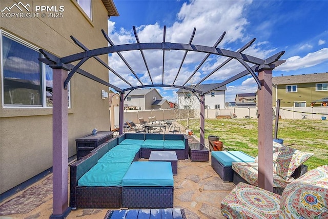 view of patio with a pergola, a fenced backyard, and outdoor lounge area