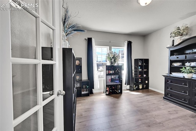 interior space featuring baseboards, wood finished floors, and a textured ceiling