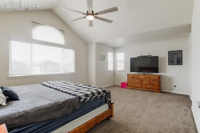 6117 Hayfield Pl, Colorado Springs, CO 80925 - bedroom featuring carpet, baseboards, vaulted ceiling, and a ceiling fan