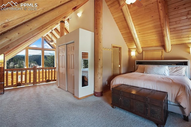 876 Obsidian Dr, Florissant, CO 80816 - carpeted bedroom with wood ceiling and vaulted ceiling with beams