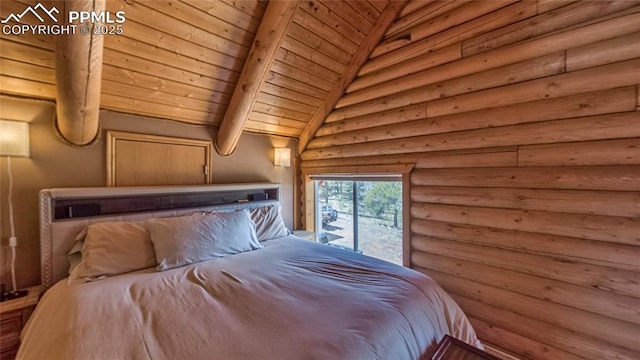 876 Obsidian Dr, Florissant, CO 80816 - bedroom featuring log walls, vaulted ceiling with beams, and wood ceiling
