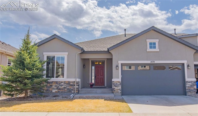 1474 Promontory Bluff Vw, Colorado Springs, CO 80921 - view of front of property with stone siding, an attached garage, stucco siding, concrete driveway, and a front lawn