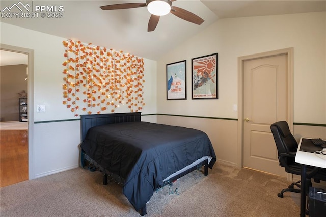 15090 Jessie Dr, Colorado Springs, CO 80921 - bedroom with lofted ceiling, carpet floors, ceiling fan, baseboards, and an office area