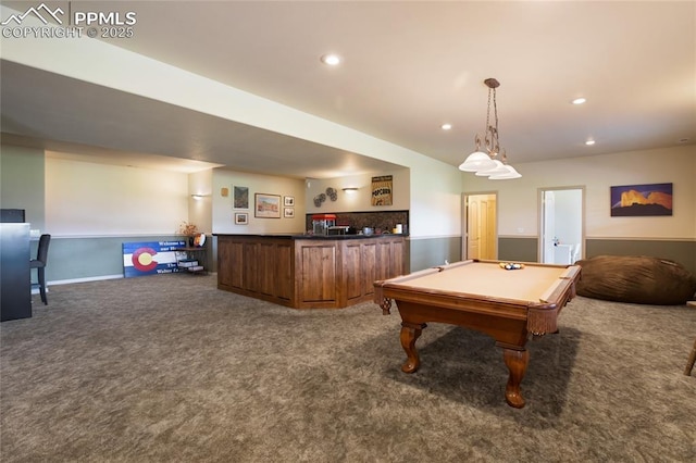 15090 Jessie Dr, Colorado Springs, CO 80921 - game room featuring carpet flooring, bar with sink, billiards table, and recessed lighting