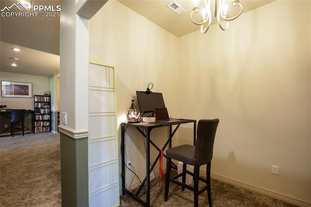 15090 Jessie Dr, Colorado Springs, CO 80921 - office with carpet flooring, a chandelier, and baseboards