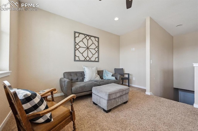 living area featuring recessed lighting, carpet floors, a ceiling fan, and baseboards