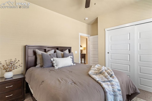 1185 Antrim Loop, Colorado Springs, CO 80910 - bedroom featuring a closet, a ceiling fan, vaulted ceiling, and carpet floors