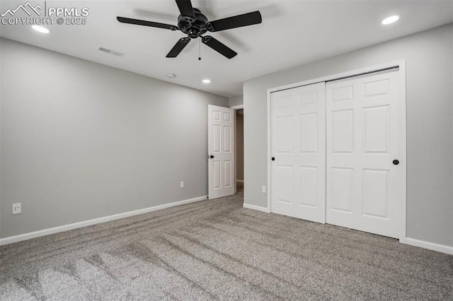 7935 Morning Dew Rd, Colorado Springs, CO 80908 - unfurnished bedroom featuring visible vents, baseboards, recessed lighting, and carpet