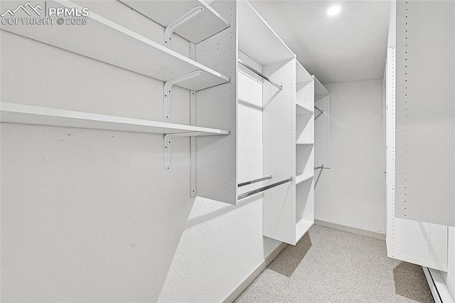 walk in closet featuring light colored carpet