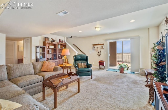 9825 Golf Crest Dr, Peyton, CO 80831 - carpeted living area featuring recessed lighting, visible vents, and baseboards