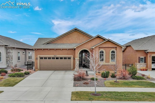 9825 Golf Crest Dr, Peyton, CO 80831 - view of front of property featuring roof with shingles, stucco siding, driveway, an attached garage, and fence