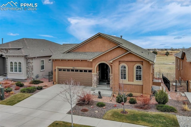 9825 Golf Crest Dr, Peyton, CO 80831 - ranch-style house featuring stucco siding, fence, stone siding, an attached garage, and driveway