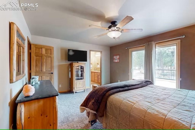 bedroom featuring access to outside, baseboards, ensuite bath, ceiling fan, and light colored carpet