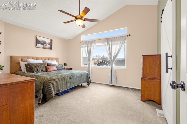 bedroom with visible vents, baseboards, ceiling fan, high vaulted ceiling, and light carpet
