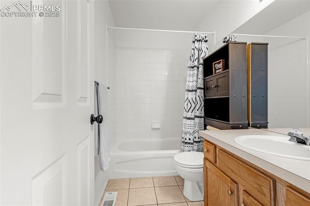 full bath featuring vanity, shower / bath combo, tile patterned floors, toilet, and visible vents