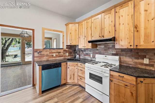 kitchen with white gas stove, dishwashing machine, under cabinet range hood, and light brown cabinets