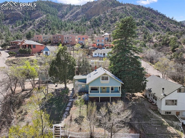 aerial view featuring a residential view and a mountain view