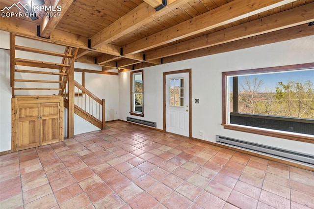 foyer entrance featuring wood ceiling, beamed ceiling, a baseboard radiator, and stairs