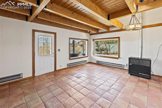 interior space with a baseboard radiator, wooden ceiling, and beam ceiling