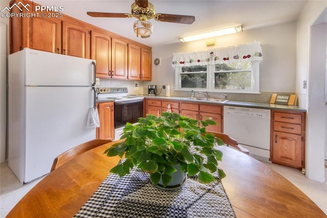 2354 Valley Forge Rd, Colorado Springs, CO 80907 - kitchen featuring tasteful backsplash, white appliances, brown cabinetry, ceiling fan, and a sink