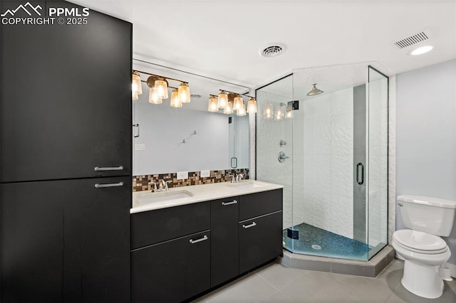 full bath with a shower stall, visible vents, a sink, and toilet