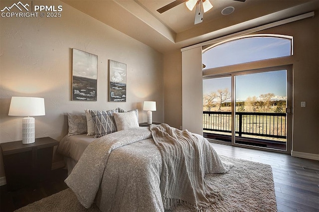 bedroom with ceiling fan, access to outside, baseboards, and wood finished floors