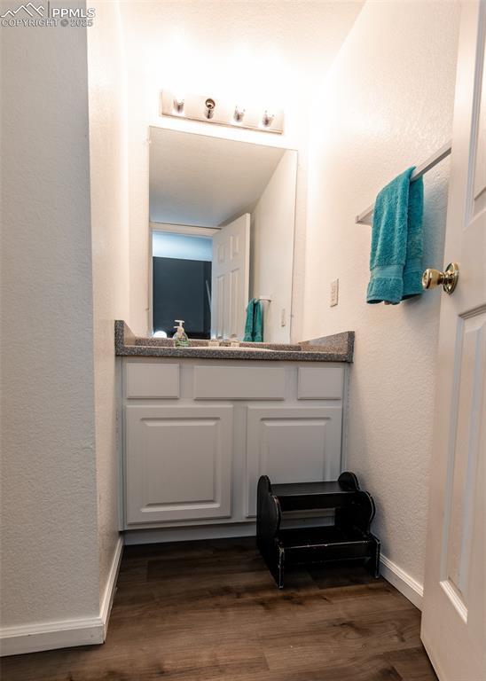 1536 Ancestra Dr, Fountain, CO 80817 - bathroom with wood finished floors, vanity, baseboards, and a textured wall
