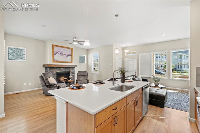 48 Mayflower Park Pl, Colorado Springs, CO 80905 - kitchen featuring a sink, open floor plan, light wood-type flooring, stainless steel dishwasher, and recessed lighting
