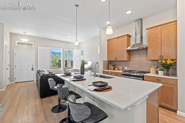 48 Mayflower Park Pl, Colorado Springs, CO 80905 - kitchen with a sink, wall chimney exhaust hood, stainless steel gas range oven, light countertops, and light wood-style flooring