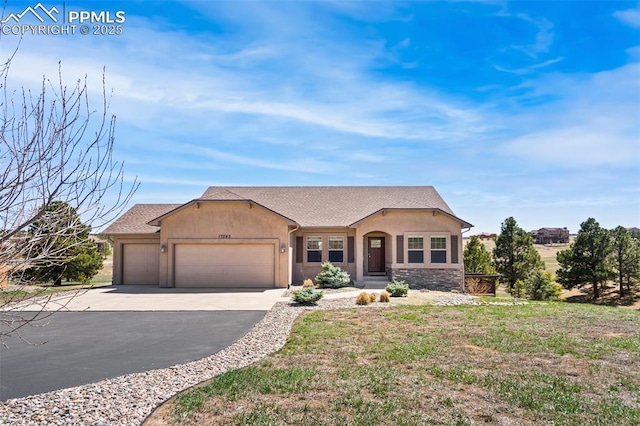 ranch-style home featuring a garage, driveway, stone siding, and stucco siding