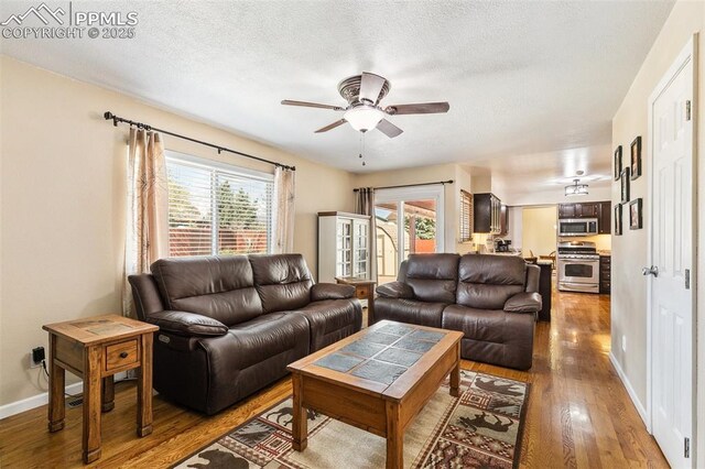 620 Jayton Dr, Colorado Springs, CO 80911 - living area with baseboards, a ceiling fan, wood finished floors, and a textured ceiling