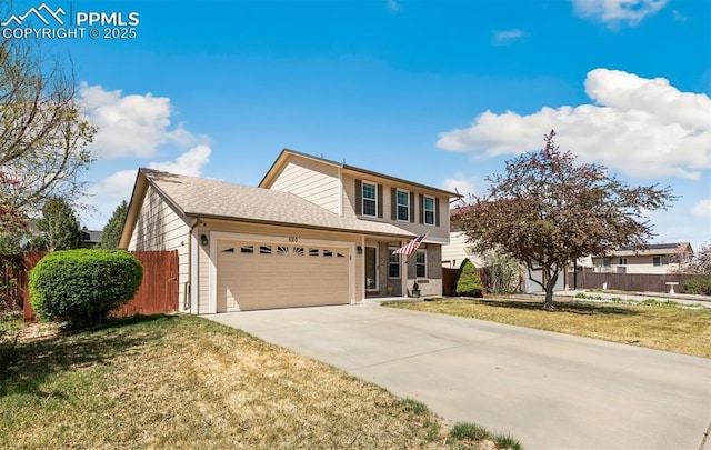 620 Jayton Dr, Colorado Springs, CO 80911 - traditional-style home featuring a front lawn, driveway, fence, and a garage