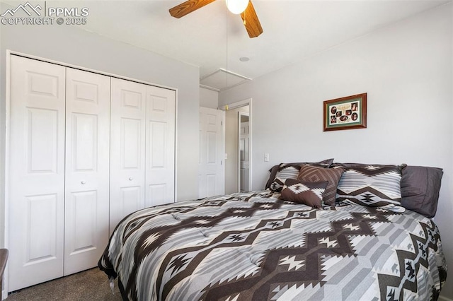 620 Jayton Dr, Colorado Springs, CO 80911 - bedroom featuring attic access, a closet, carpet flooring, and ceiling fan