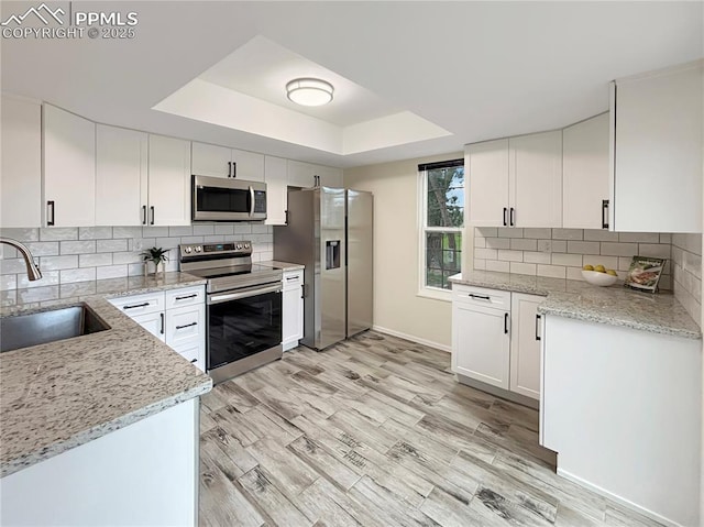 422 Cobblestone Dr, Colorado Springs, CO 80906 - kitchen featuring white cabinets, a tray ceiling, appliances with stainless steel finishes, and a sink