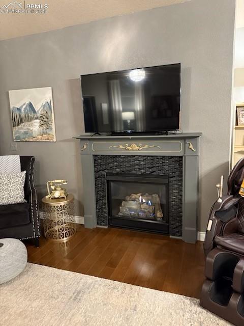 10088 Stonemont Dr, Peyton, CO 80831 - interior details with baseboards, wood finished floors, and a fireplace