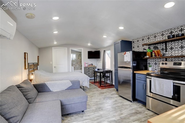 1866 S Pennsylvania St, Denver, CO 80210 - bedroom featuring freestanding refrigerator, lofted ceiling, light wood-style floors, recessed lighting, and a wall unit AC