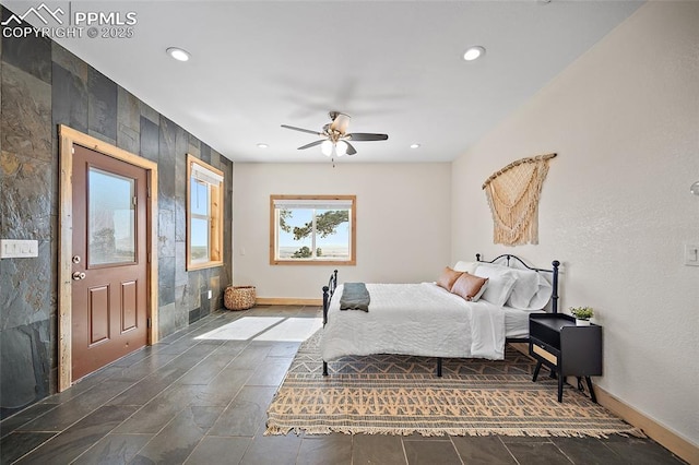 bedroom with ceiling fan, baseboards, and recessed lighting