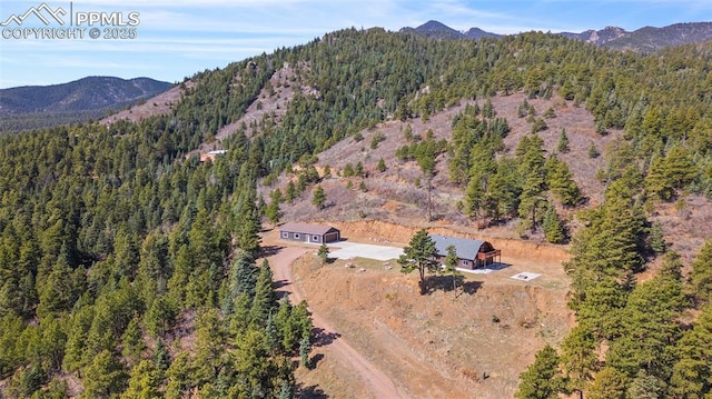 drone / aerial view featuring a mountain view and a view of trees