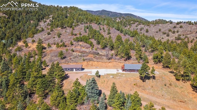 birds eye view of property featuring a mountain view and a view of trees